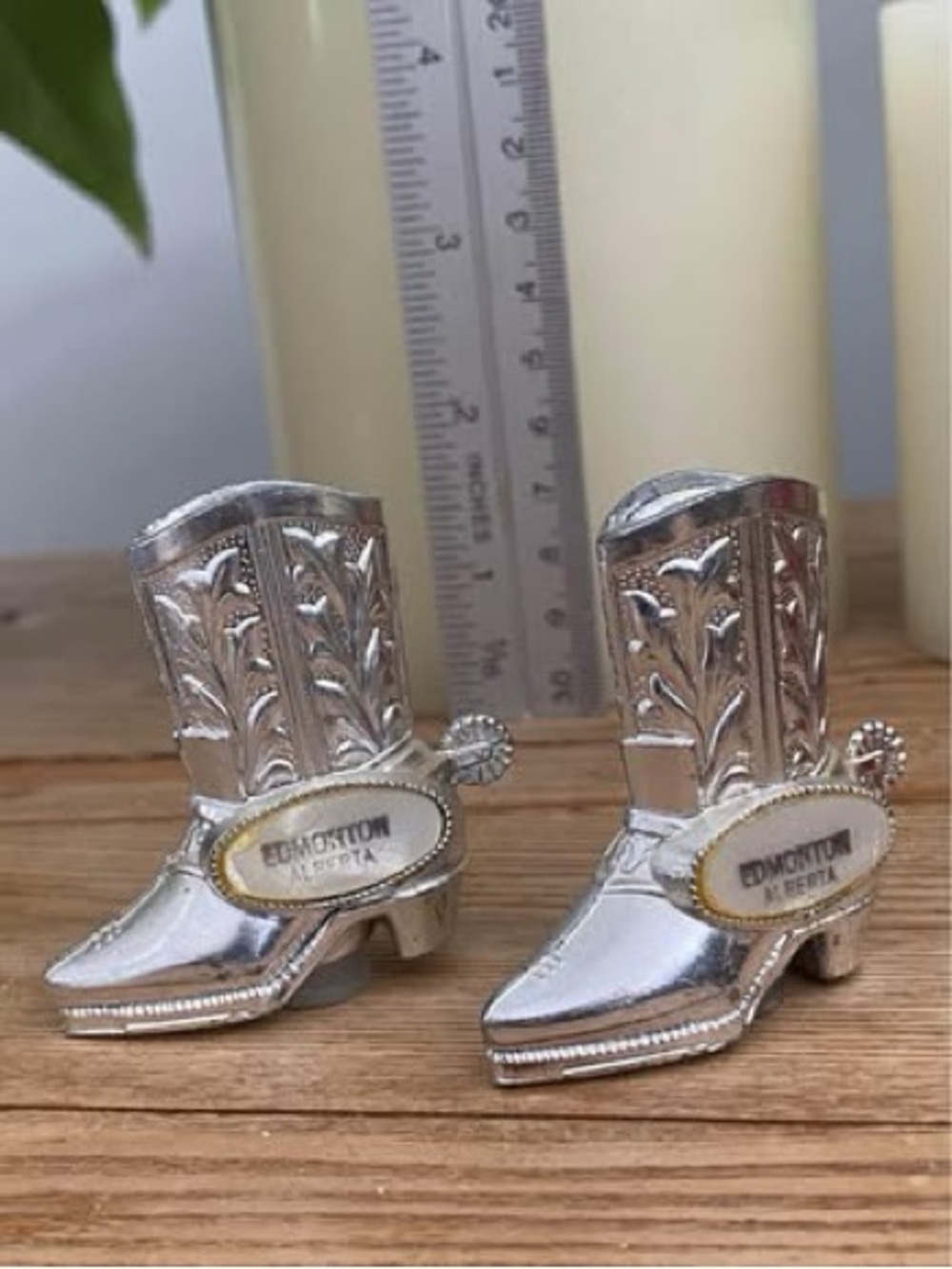 Vintage Silver-Tone Metal Cowboy Boot Salt & Pepper Shakers - Edmonton Alberta